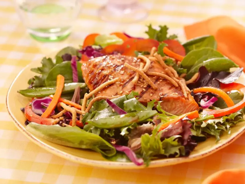 Grilled Salmon, Snap Pea and Spring Mix Salad with Chow Mein Noodles ...