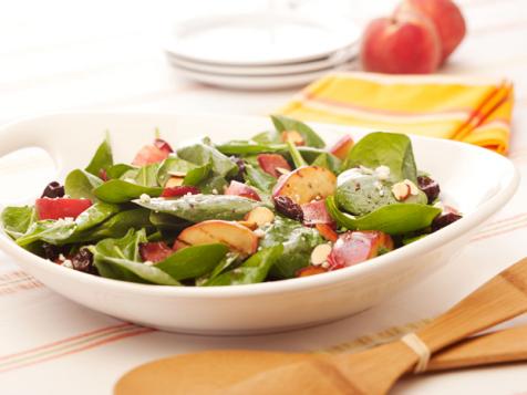 Spinach Cherry Almond Salad with Bacon and Peaches