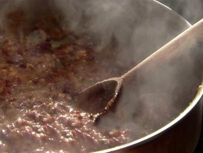 The Chorizo Refried Beans cook in the stock pot.