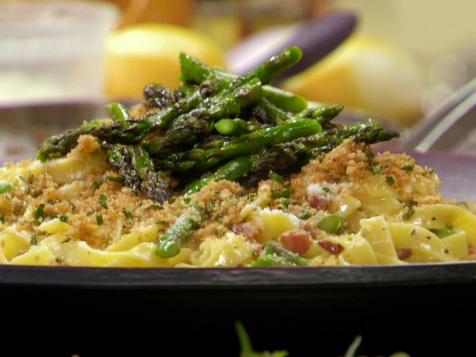 Carbonara-Style Tagliatelle with Grilled Asparagus and Lemon-Herb Breadcrumbs