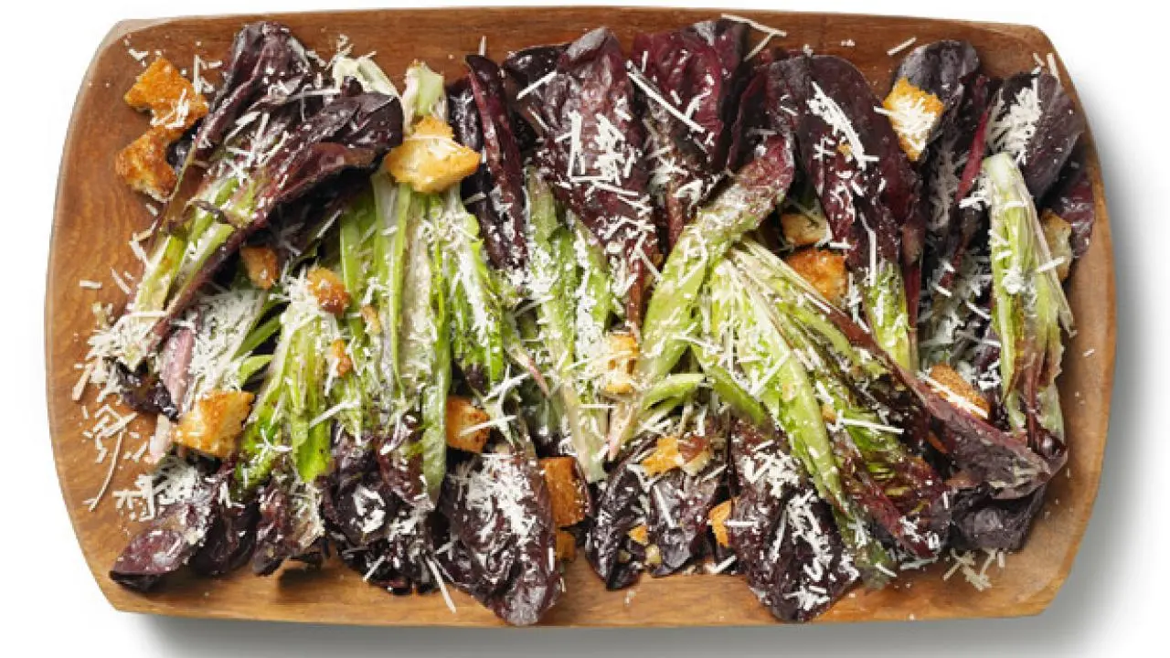 red caesar dressing Bitter Green Caesar Salad with Roasted Olive Croutons