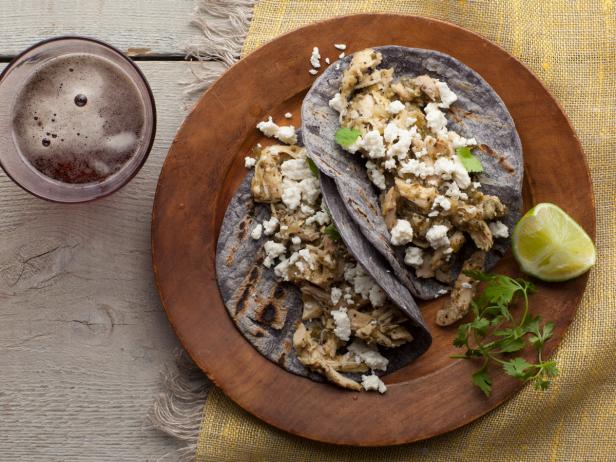 Shredded Chicken And Tomatillo Tacos With Queso Fresco Recipe Bobby Flay Food Network