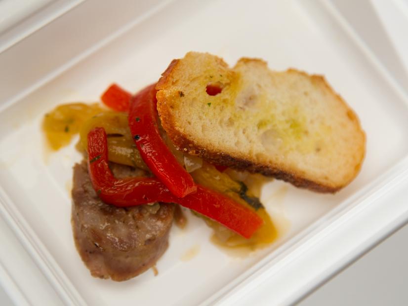 Team Giada's Contestant Josh Lyons' "Sweet Sausage and Pepper Crostini" dish for the Star Challenge "Culinary Neighborhood of NYC- Arthur Avenue" as seen on Food Network's Star, Season 8.