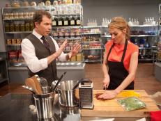 Producer Bobby Flay mentoring Contestant Kara Sigle cooking for the Producer's Challenge "Potatoes" as seen on Food Network's Star, Season 8.