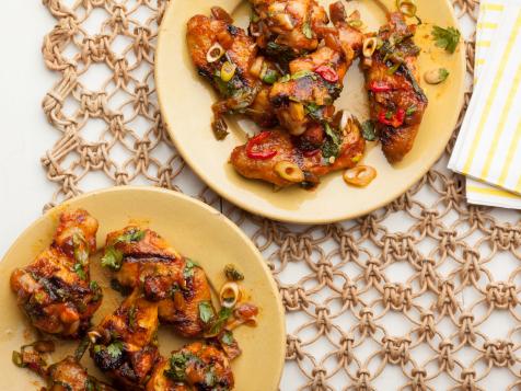 Smoky Grilled Chicken Wings with Pickled Red Chiles, Dates and Fresh Mint