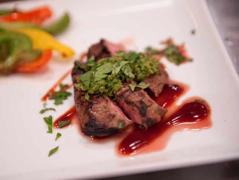 Team Bobby's Contestant Nikki Martin's "Grilled Hanger Steak w/ Smoked Veggies and Hausmade BBQ Sauce Topped w/ South West Sauce Vierge" dish for the Producer's Challenge "Outdoor Grill" as seen on Food Network's Star Season 8, Episode 3