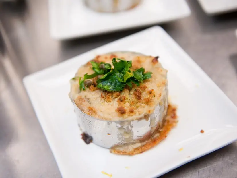 Team Alton's Contestant Martie Duncan's "Tuna Casserole 2.0" makeover of "bland" dish Tuna Noodle Casserole for the Star Challenge "Fashion Week: Taking a Risk" in Episode 4, as seen on Food Network's Star, Season 8.