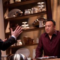 Producer Bobby Flay mentoring Contestant Eric Lee through his Camera Presentation for the Producer's Challenge in Episode 4, as seen on Food Network's Star, Season 8.