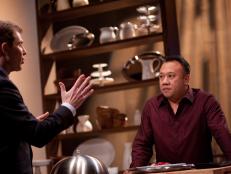 Producer Bobby Flay mentoring Contestant Eric Lee through his Camera Presentation for the Producer's Challenge in Episode 4, as seen on Food Network's Star, Season 8.