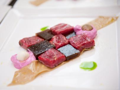 Team Alton's Contestant Justin Warner's "Stroganoff Damier Crudo" makeover of "bland" dish Beef Stroganoff for the Star Challenge "Fashion Week: Taking a Risk" in Episode 4, as seen on Food Network's Star, Season 8.