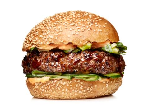 Hoisin Burgers with Grilled Scallions and Sriracha-Sesame Mayo
