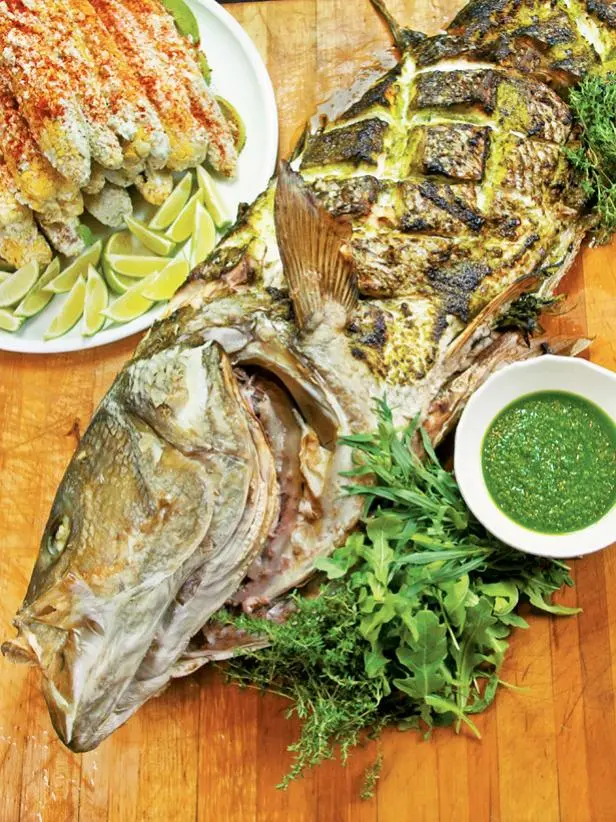 Whole Smoke-Roasted Striped Bass and Rocket Pesto Recipe | Food Network