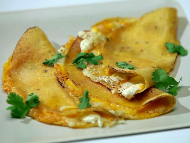 Quesadilla with Goat Cheese, Asparagus, Mushrooms and Roasted Tomatillo Salsa