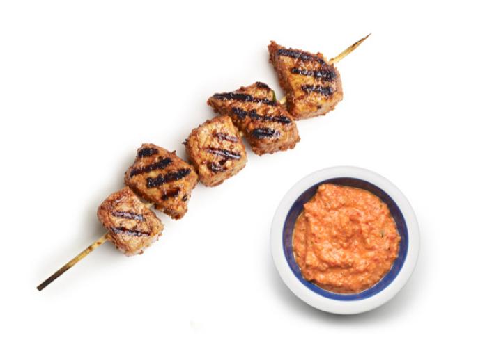 Pork Kebabs With Romesco Sauce Recipe Anne Burrell Food Network