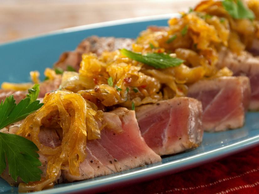 Grilled Tuna With Caramelized Onions Cinnamon And Mint Recipe Grilled Tuna With Caramelized Onions Cinnamon And Mint Recipe Bobby Flay Food Network