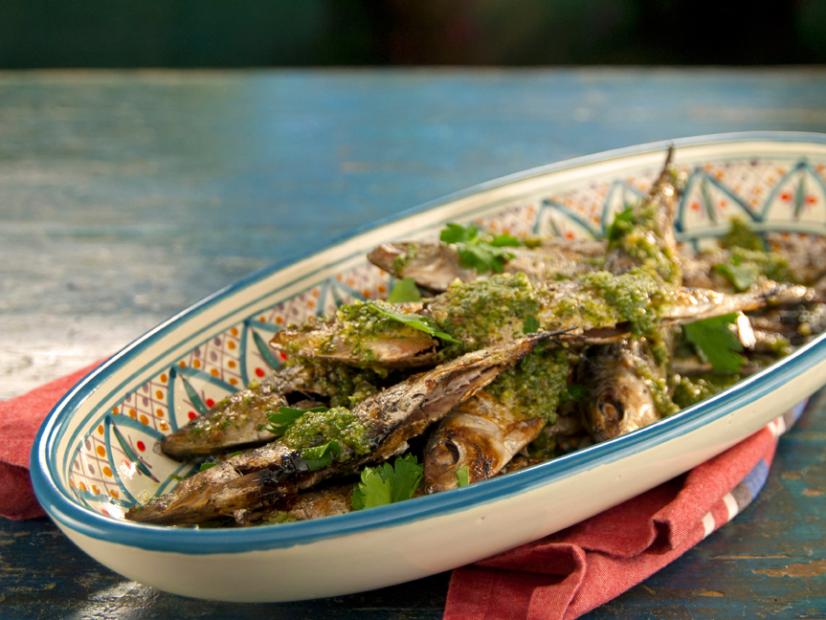 Grilled Sardines with Garlic Walnut Sauce Recipe Bobby Flay Food