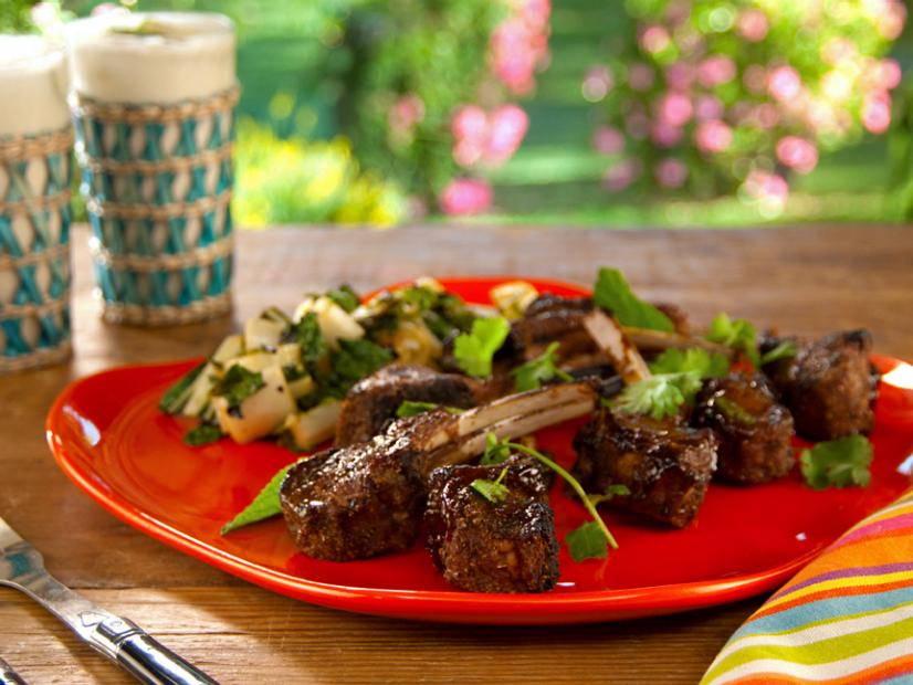 Spice Rubbed Lamb Chops Hoisin And With Grilled Bok Choy Salad Recipe Bobby Flay Food Network
