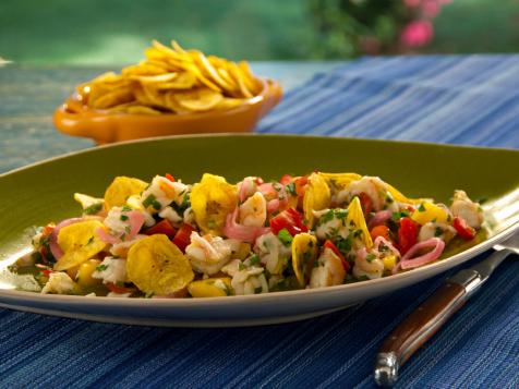 Ceviche (Shrimp and Grouper) with Serrano Chiles, Mango, Smoked Tomatoes, Crispy Plantain Chips