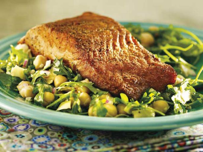 CorianderCrusted Fish with Chickpea Artichoke Salad Recipe Food Network