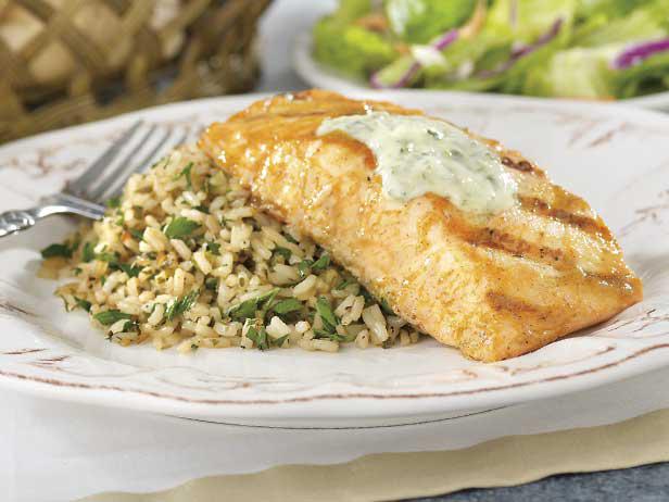 Mustard And Brown Sugar Salmon With Herbed Rice Recipe Food Network