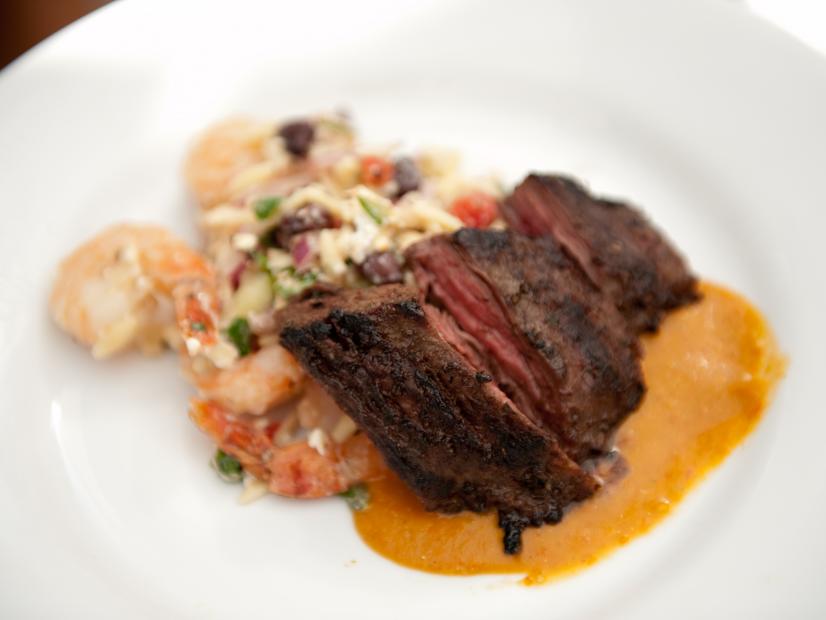 Team Giada's Contestant Martita Jara's "Adult Dish: Spicy Surf and Turf with Shrimp Orzo Salad" dish for the Star Challenge "SoBe Nikki Beach Family PArty" as seen on the Next Food Network's Star, Season 8.