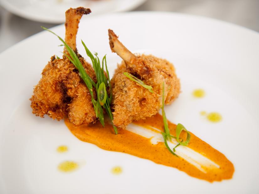 Team Giada's Contestant Yvan Lemoine's "Adult Dish: Coconut Chicken Lollipops with Spicy Dipping Sauce" dish for the Star Challenge "SoBe Nikki Beach Family PArty" as seen on the Next Food Network's Star, Season 8.