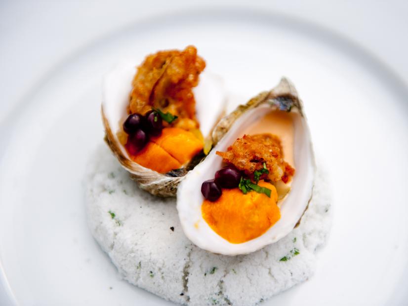 Team Giada's Contestant Yvan Lemoine's "Love Bites (Fried Oysters) with  Chipotle Mayo, Pomegranates, Sea Urchin, and Pickles" dish for the Star Challenge "Demo" as seen on Food Network's Star, Season 8.