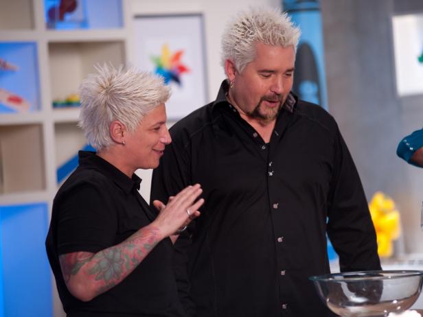 Contestant Michelle Ragussis of Team Bobby giving her Demo to Guest Star Guy Fieri for the Star Challenge "Live Demo-Kid's Meal" as seen on Food Network's Star, Season 8.