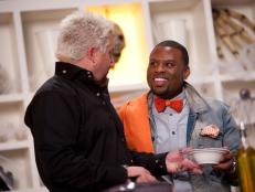 Contestant Judson Allen of Team Alton giving his Demo to Guest Star Guy Fieri for their Star Challenge "Live Demo-Halloween" as seen on Food Network's Star, Season 8.