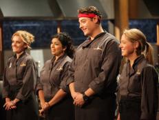 (left to right) Chef's Amy Finley, Aarti Sequeira, Jeff Mauro, and Melissa D'Arabian at the judging table during a "Next Food Network Star" special episode, as seen on Food Network’s Chopped, Season 12.

