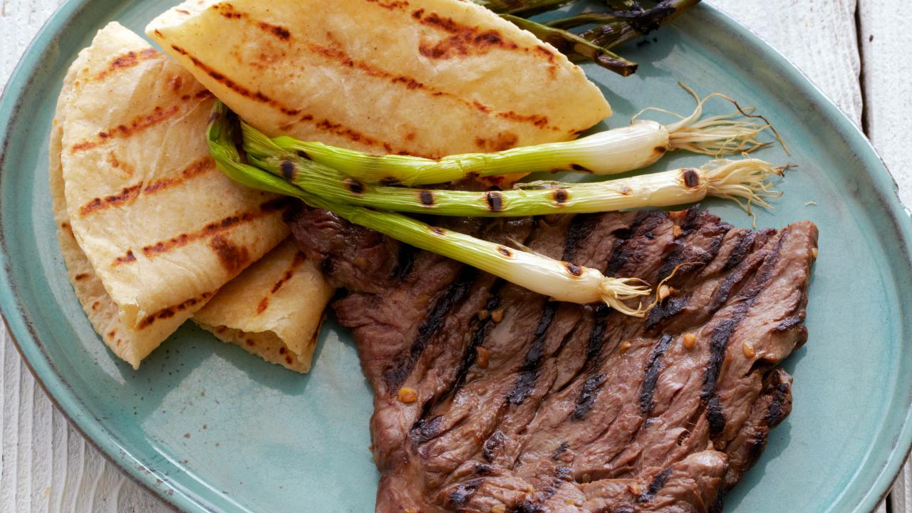 Korean Style Marinated Skirt Steak with Grilled Scallions and Warm Tortillas