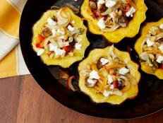 Guy Fieri's Roasted Acorn Squash with Mushrooms, Peppers and Goat Cheese from Backyard Bites: Braised Short Ribs as seen on Food Network's Guy's Big Bite