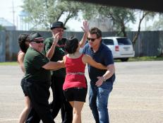 Host Tyler Florence (right) welcomes Nonna's Kitchette and Pizza Mike's teams to Amarillo as seen in Food Network's The Great Food Truck Race, Season 3.