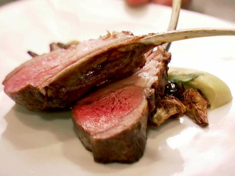 Grilled Lamb Chops with Artichoke Puree, Crispy Baby Artichokes and Cerignola Olive