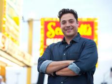Host Jeff Mauro in front of Scatchells
's in the Chicago suburb of Cicero, as seen on Food Network's $24 in 24, Season 1. 
