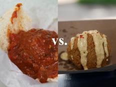 Take our poll to determine whether Nonna's Kitchenette's meatballs or Seoul Sausage's rice balls are the better bite on Food Network's Great Food Truck Race.