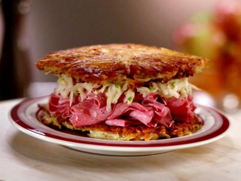 Latke Corned Beef Sandwich with Apple and Sour Cream Slaw