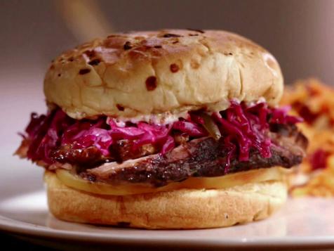 Jewish Brisket Sandwich with Smoked Mozzarella and Red Cabbage Slaw
