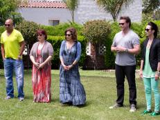 Contestants Hines Ward, Carnie Wilson, Kathy Najimy, Dean McDermott and Johnny Weir await instructions for the "Kid's Party" Challenge, as seen on Food Network’s Rachael vs. Guy, Celebrity Cook-Off, Season 2.
