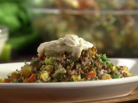 Roasted Vegetable Tabbouleh with Grilled Flat Bread and Yogurt-Tahini Dressing