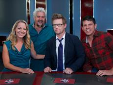 Host Guy Fieri poses with judges Melissa D'Arabian, Richard Blais, and Troy Johnson during taping of the Food Network's Guy's Grocery Games, Season 1.
