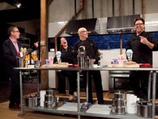 Chopped: After Hours host Ted Allen talks to Chefs Alex Guarnaschelli, Ron Ben-Israel and Scott Conant about their mandatory ingredients: popcorn, sour cream, funnel cake and a blue snow cone, as seen on Food Network's Chopped: After Hours.