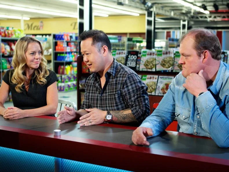Judges Melissa D'Arabian, Jet Tila, and Beau MacMillan during Game 1, 5 Ingredients Or Less, Asian Stir Fry, as seen on Food Network's Guy's Grocery Games, Season 1.