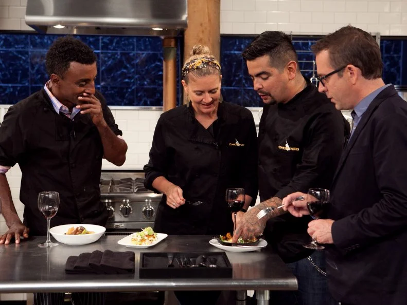 Chopped: After Hours host Ted Allen and Chefs Marcus Samuelsson, Amanda Freitag and Aaron Sanchez taste a dish made with winter melon, hot mustard, canned chop suey and vegan lobster, as seen on Food Network's Chopped: After Hours.