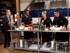 Host Ted Allen introduces Chefs Marcus Samuelsson, Amanda Freitag and Aaron Sanchez to their mystery basket ingredients, as seen on Food Network's Chopped: After Hours.