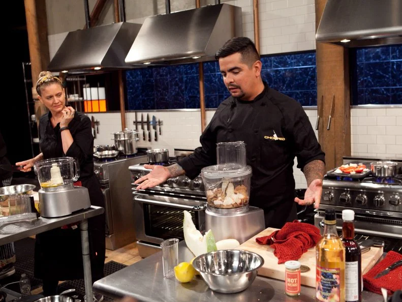 Chef Aaron Sanchez has some problems while he tries to work on his dish that must include: winter melon, hot mustard, canned chop suey, as seen on Food Network's Chopped: After Hours.
