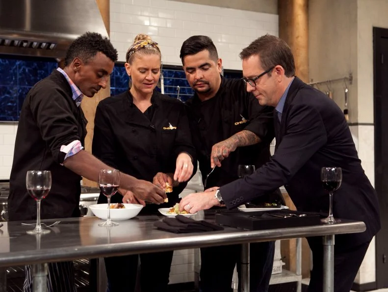 Chopped: After Hours host Ted Allen and Chefs Marcus Samuelsson, Amanda Freitag and Aaron Sanchez taste a dish made with winter melon, hot mustard, canned chop suey and vegan lobster, as seen on Food Network's Chopped: After Hours.