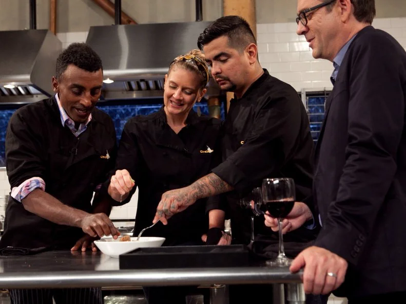 Chopped: After Hours host Ted Allen and Chefs Marcus Samuelsson, Amanda Freitag and Aaron Sanchez taste a dish made with winter melon, hot mustard, canned chop suey and vegan lobster, as seen on Food Network's Chopped: After Hours.