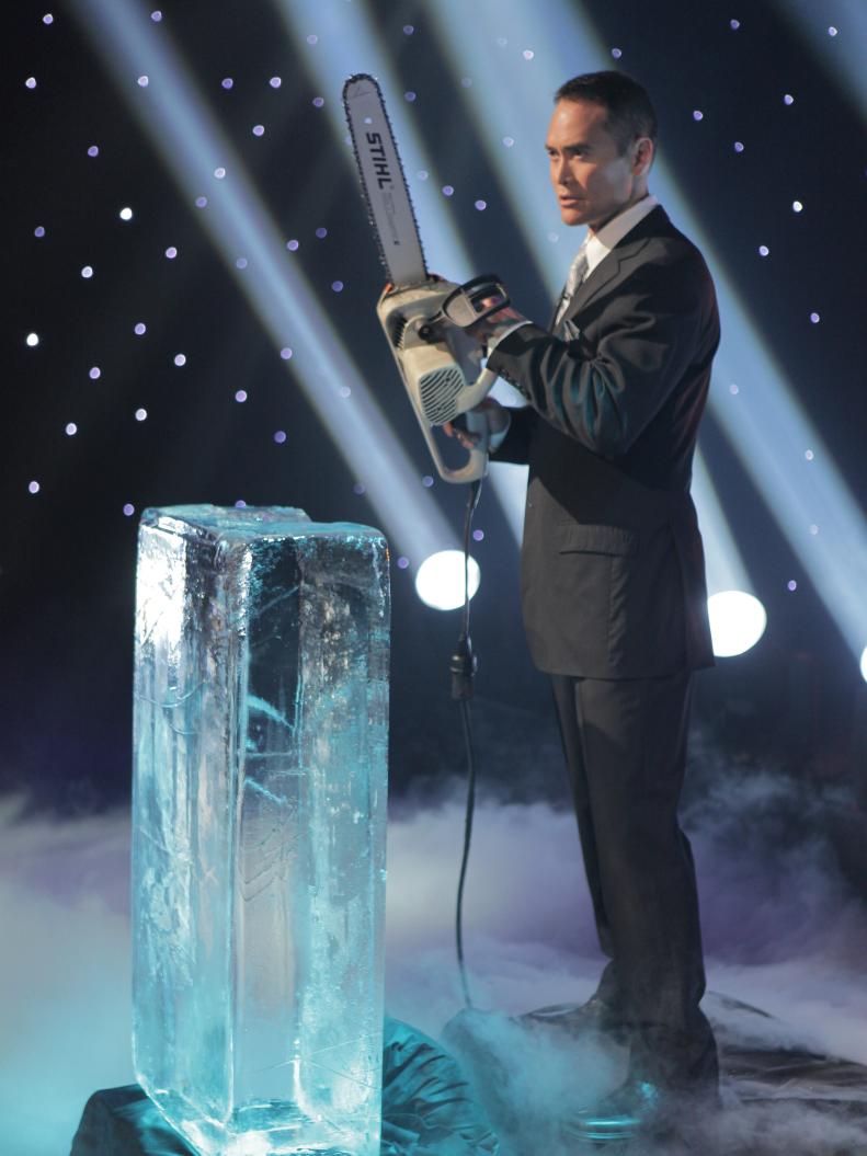 Mark Dacascos "The Chairman," introduces  the ice theme to the Iron Chef teams, as seen on Food Network’s Iron Chef America.