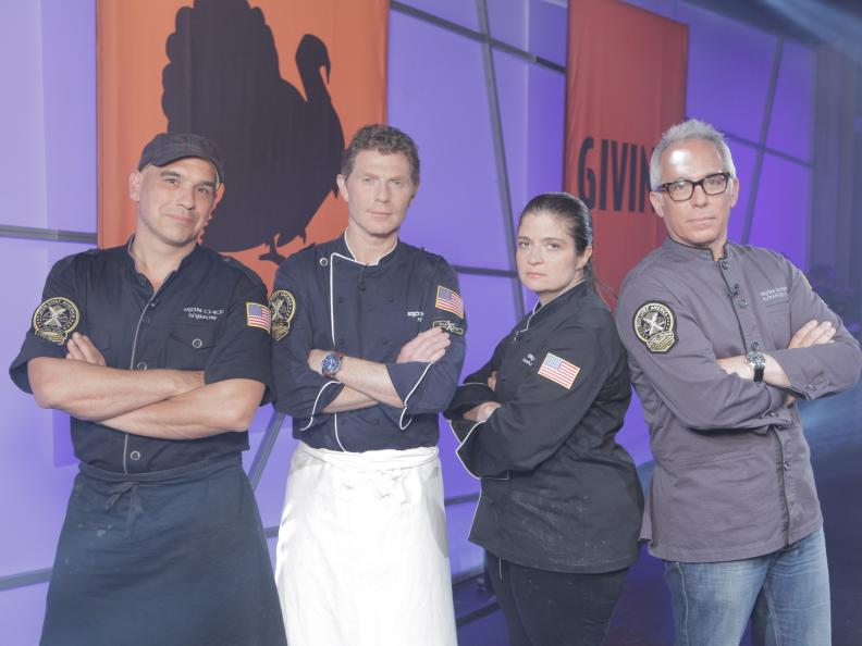 Iron Chef's, Michael Symon, and Bobby Flay, compete against Iron Chef's Alex Guarnaschelli, and Geoffrey Zakarian in studio kitchen during the Thanksgiving battle, as seen on Food Network’s Iron Chef America.